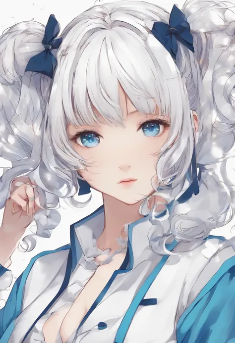 White color hair，Double ponytail curls，blue color eyes，White Lolita，Beth，A bustling city street