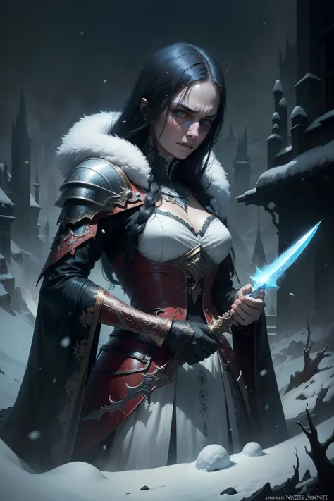 An angry snow-queen, brandishing a frozen sword, snarling, background is eerie night sky, snowing, mood is repressed, fatalistic, nebulous, oblivious, digital art, hyper realistic, 8k, unreal engine, character design, art by Peter Paul Rubens, Anne Stokes,...