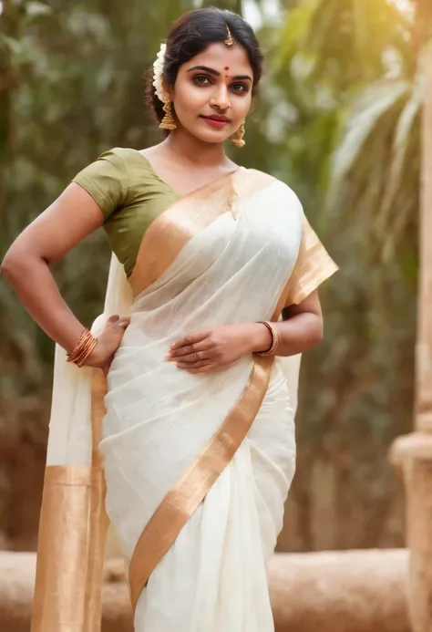 sexy, big boobs, kerala girl, white onam saree, standing on your feet,big cheeks