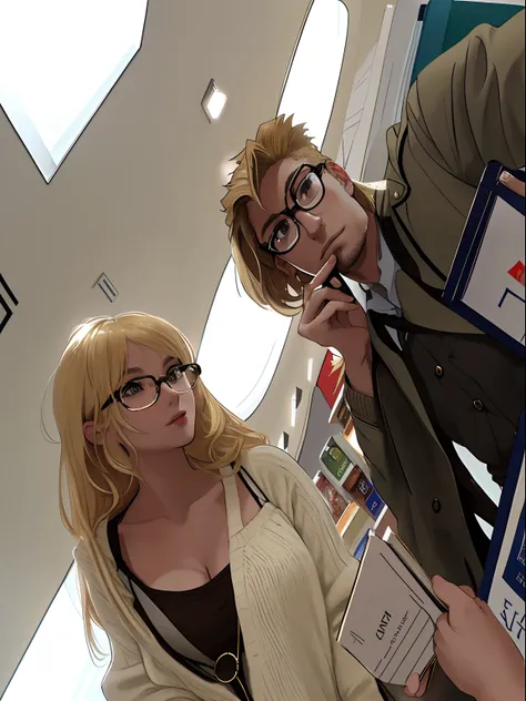 blond woman with glasses and a man with a book, at a mall, in a mall, stood in a supermarket, looking at each other mindlessly, very very low quality picture, appearing in a shopping mall, looking distracted and awkward, stares at the camera, low quality p...