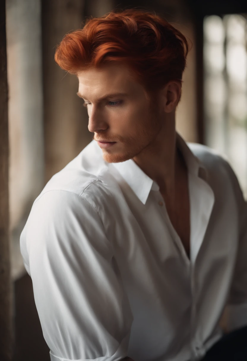 Guy, Red Hair, White Skin, Depressed Face, White Shirt.