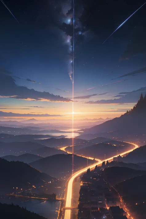 High quality masterpiece ，scenecy，Anime train passing through bodies of water on tracks， Glittering starry sky。Romantic train，pixiv，concept-art，Lofi art style，Reflectors。 by makoto shinkai, lofi art, beautiful anime scenes, Anime landscapes, Detailed scene...