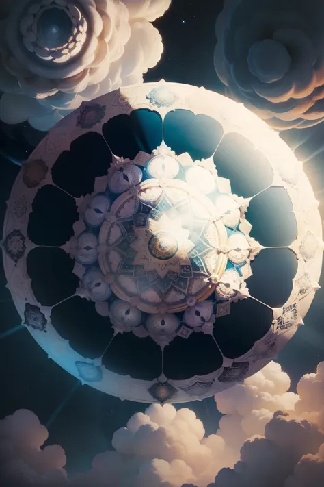 A round ornamental mandala made of puffy white clouds and rays of God light, art by Mark Ryden, Greg Simkins, Jason Limon, Dan Quintana.