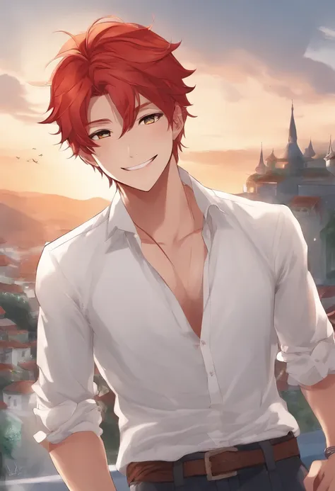 Anime Guy, Red Hair, White Skin, Smiling, White Shirt.