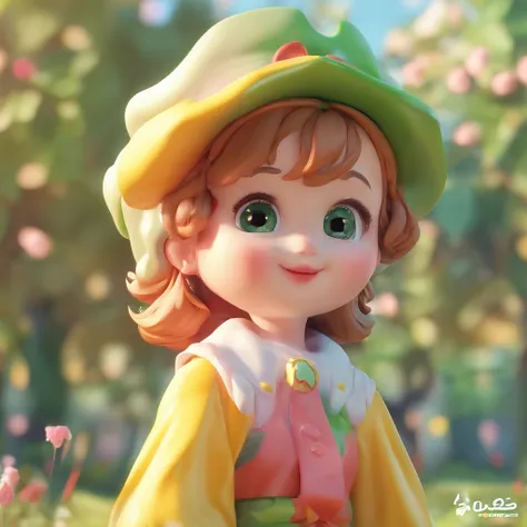 super cute girl, Bright eyes, cherub,Little green dress, wearing randoseru, suprised face, painters hat, Clay, Models, a blind box toy, Glossy and delicate,Clean background, Good gloss, 3D rendering of,Best quality