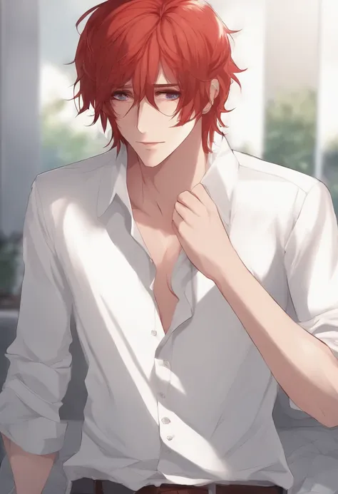 Anime Guy, Red Hair, White Skin, Depressed Face, White Shirt.