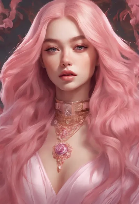 Close up of a goddess woman with brown hair and necklace, digital art inspired by Yanjun Cheng, Tumblr, Rococo, portrait of jossi of blackpink, portrait jisoo blackpink, Flowing pink hair, Long flowing pink hair, long bubblegum hair, with pink hair, Pink g...