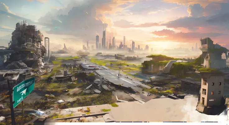 There is a picture of a futuristic city with a highway, matte painting comic book art, outdoors ruined cityscape, Ruined cityscape, cityscape ruins in the distance, Dystopian digital concept art, destroyed city in background, environment concept art, urban...