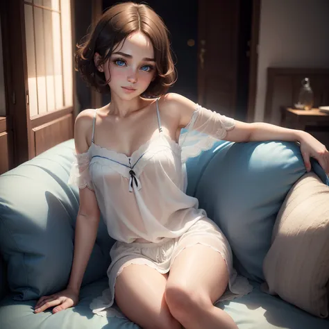 beautiful girl with short brown hair, wearing a white nightgown, and shorts, sitting on a blue sofa, beautiful eyes, perfect black pupils, small beautiful nose, thin lips with a beautiful smile, midjourney style super realistic hyperrealistic detail photog...