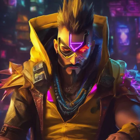 Draven league of legends, cyberpunk, amarelo,