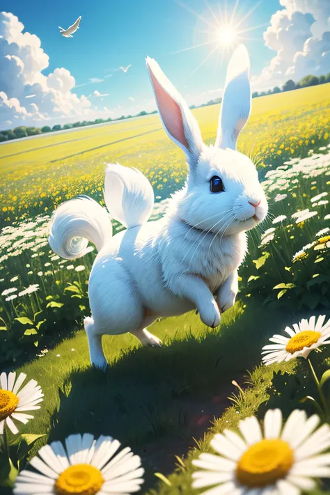 The image shows a white rabbit flying through a field of flowers. The rabbit is small and has long, floppy ears. It is surrounded by a cloud of white dandelions, which are also flying through the air. The background is a lush green meadow, with tall grass ...