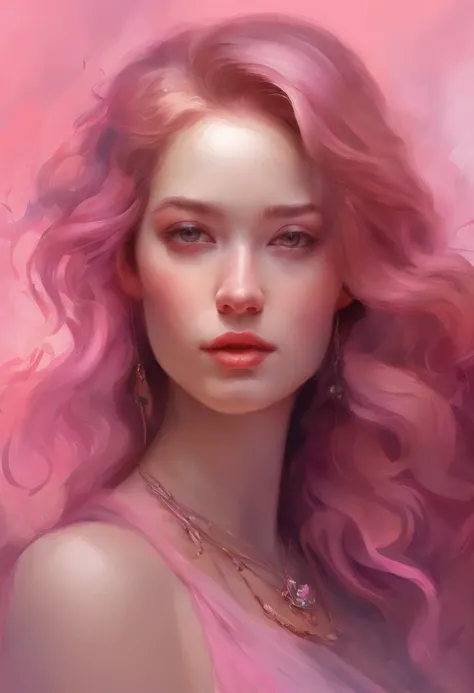 Close up of a goddess woman with brown hair and necklace, digital art inspired by Yanjun Cheng, Tumblr, Rococo, portrait of jossi of blackpink, portrait jisoo blackpink, Flowing pink hair, Long flowing pink hair, long bubblegum hair, with pink hair, Pink g...