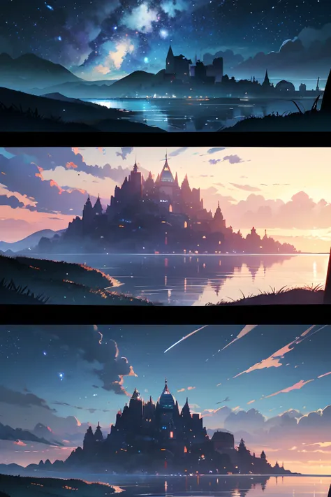 High quality masterpiece ，scenecy，Anime train passing through bodies of water on tracks， Glittering starry sky。Romantic train，pixiv，concept-art，Lofi art style，Reflectors。 by makoto shinkai, lofi art, beautiful anime scenes, Anime landscapes, Detailed scene...