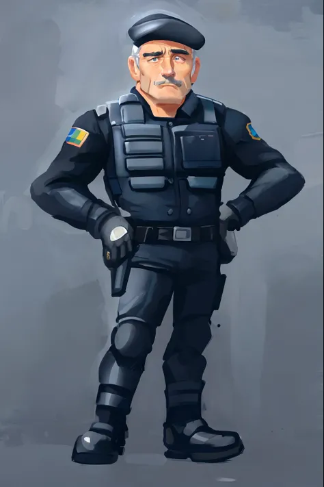 Cartoon illustration of a man in a police uniform with his hands on his hips, design de personagens policial homem, design de personagens policial homem!!, Sean Connery como Big Boss, Elon Musk como soldado, Joe Biden no Team Fortress 2, Joe Biden como um ...