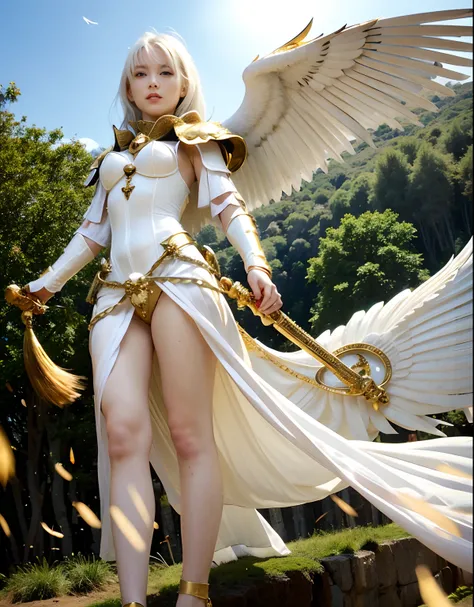 Professional , ​masterpiece、top-quality、photos realistic , depth of fields 、（White bikini armor)、（Particles of light）、Jewel Gold Weapon、Particles of light),Gorgeous gold weapons ,（（ Gorgeous Dragon Sword）） , （White angel wings grow）,（Fighting the devil）、（m...