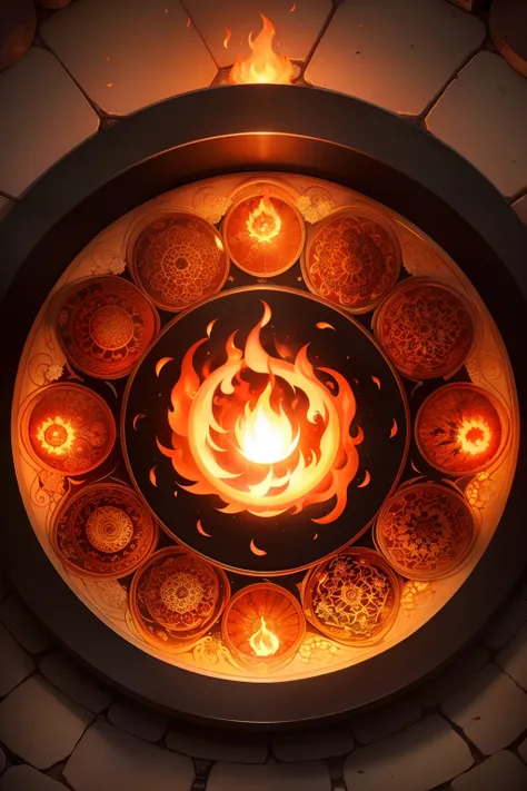 A round ornamental mandala made of fire, flames and a whirlpool of lava.