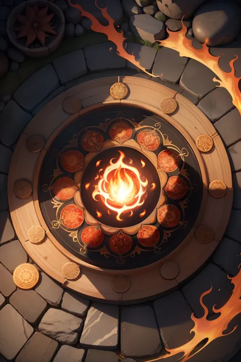 A round ornamental mandala made of fire, flames and a whirlpool of lava, surrounded by stone.