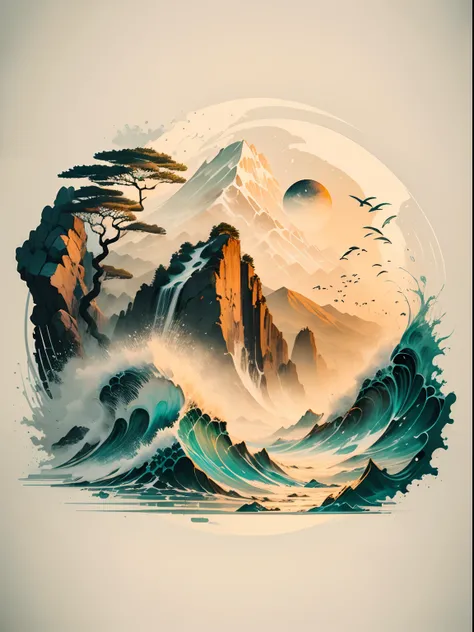 "Coastal Seascape with Vigorous Waves in Ink Style, Ukiyo-e Art"