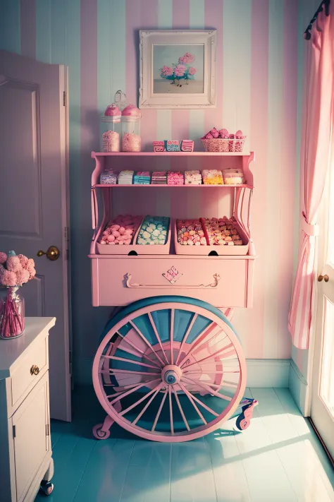 a pink and white candy cart in a room with blue and white striped walls. The cart is filled with a variety of candy, including lollipops, gummy bears, chocolates, and candy canes. There are also macaroons and ice cream cones on the wall. --auto