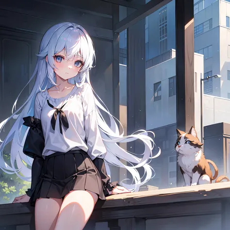 Exquisite masterpiece、top-quality、Illustration style、Two-tailed anime girl、beautidful eyes、夏天、Windswept white short-sleeved hem、Small but comfortable、Youthful and beautiful、Black and white matching、whaite hair、showing a natural casual style。Used for dynami...