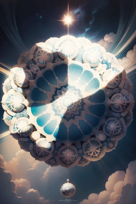 A round ornamental mandala made of puffy white clouds and rays of God light, art by Mark Ryden, Greg Simkins, Jason Limon, Dan Quintana.