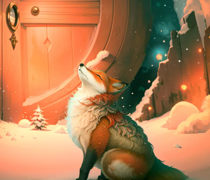 there is a fox sitting in the snow next to a door, inspired by Cyril Rolando, fantasy fox love, ethereal fox, in style of cyril rolando, cyril rolando and goro fujita, by Cyril Rolando, stunning digital illustration, whimsical fox, fantasy art behance, exq...