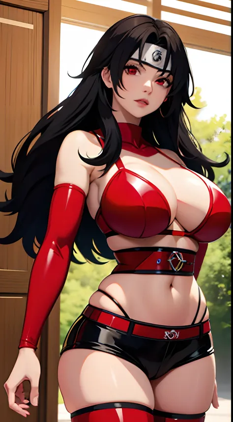 Nar_Kurenai_Yuhi,garota madura, Forehead Protection,bandagens,corpo inteiro,olhos vermelhos,Wariza,shorts latex,clivagem,peito extremamente gigante, bunda extremamente gigante, provocative expression, empinando a bunda e os peitos