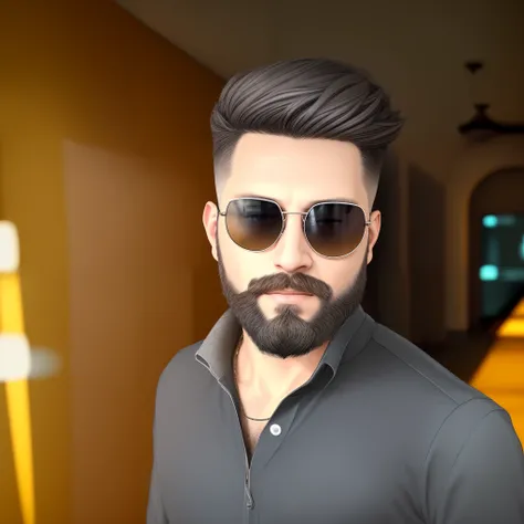 there is a man with a beard and sunglasses standing in a hallway, hyper realistic style, highly detailed vfx portrait, photorealistic artstyle, ultra realistic picture, photo realistic style, realistic 3 d render, realistic 3d render, 8k portrait render, h...