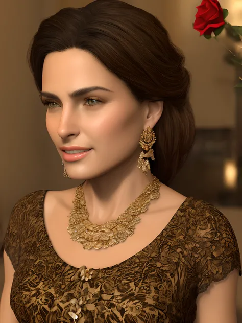 (Extremely detailed CG unit 8k wallpaper, Masterpiece, Best quality, Ultra-detailed), (BEST lighting, Best shadow), 45 yers old，Spanish women, mature, Square face, The necklace wears a red rose around its neck, Wear a black lace dress with red, gold earrin...