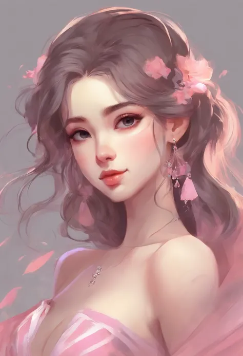 "In this digital artwork, we see a stunning 25-year-old Caucasian woman wearing a lovely pink striped dress. She radiates elegance with her incredibly pretty eyes and wavy brown hair, styled adorablely in a kawaii style. anime on the internet, she graceful...