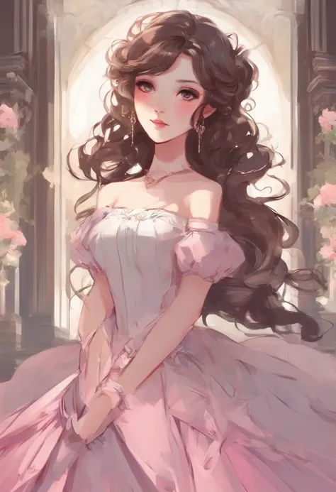 "In this digital artwork, we see a stunning 25-year-old Caucasian woman wearing a lovely pink striped dress. She radiates elegance with her incredibly pretty eyes and wavy brown hair, styled adorablely in a kawaii style. anime on the internet, she graceful...