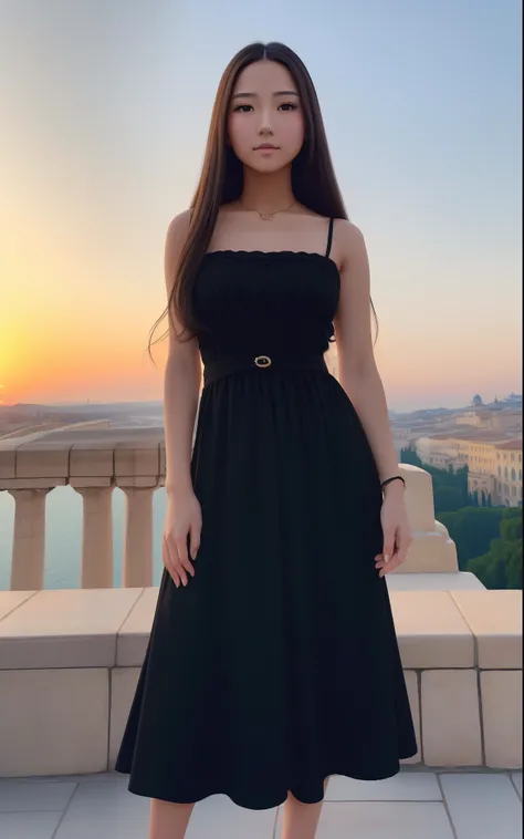 Photo. On the cover of Teen Vogue. Text Says"Tenalisa" Teenage Mona Lisa, 17 years old in black long skirt dress, She has a brunette, Strong confidence standing to see you. Roman columns and arches created by Greek columns are in the background, On the roo...