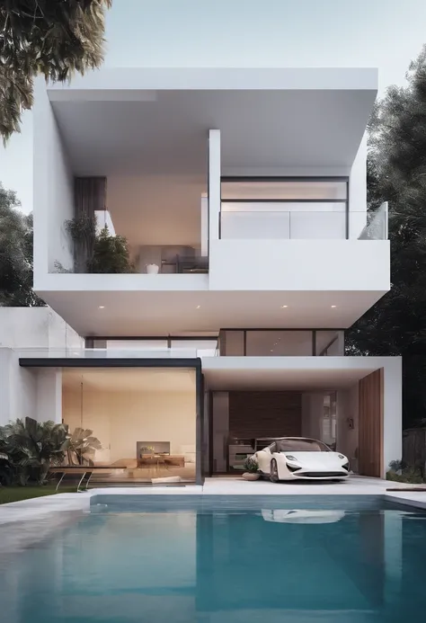 a modern minimal white dublex house, exterior, material wood, glass, concrete, water in the pool, with pool in yard, a lux car in the yard