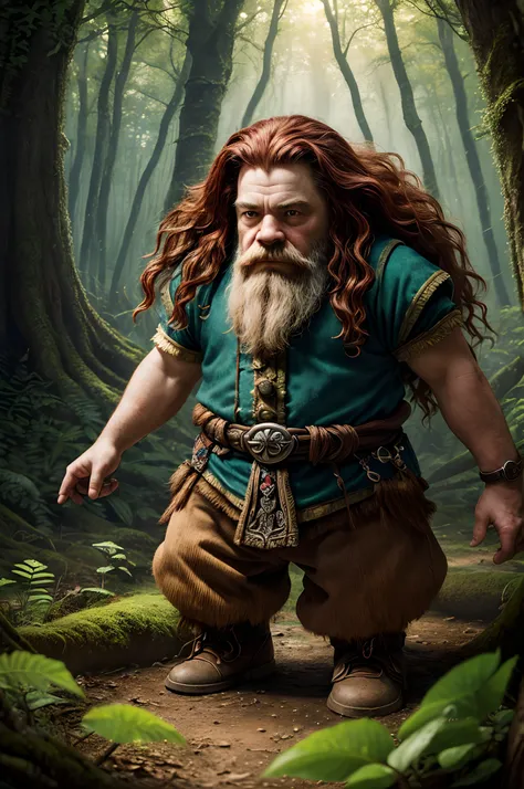 photo RAW,(dwarf, cliric, red haire a magical forest, realistic, extremely detailed, intricate, best quality, masterpiece, detailed background), masterpiece, award winning photography, lighting, perfect composition, high detail, hyper realistic,dramatic li...