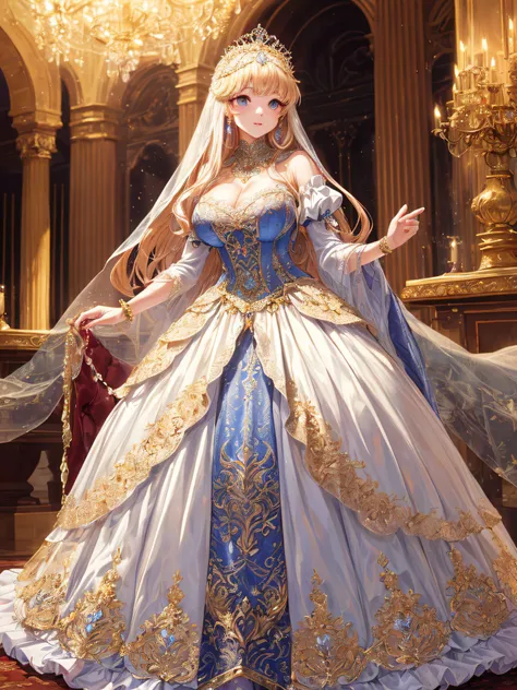 (masterpiece, best quality,extremely detailed,moe anime art style:1.2),1girl, (solo), cute, kawaii,digital art,((1 bling-bling anime princess wearing beautiful embroidery and jeweled gorgeous princess ballgown with voluminous full length hoop skirt)),((cri...