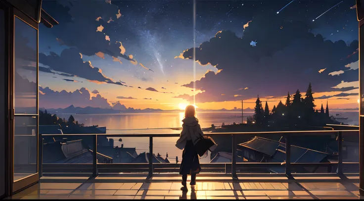 High quality masterpiece ，scenecy，Anime train passing through bodies of water on tracks， Glittering starry sky。Romantic train，Pisif，concept-art，Lofi art style，Reflectors。 By Makoto Shinkai, Lofi art, beautiful anime scenes, Anime landscapes, Detailed scene...