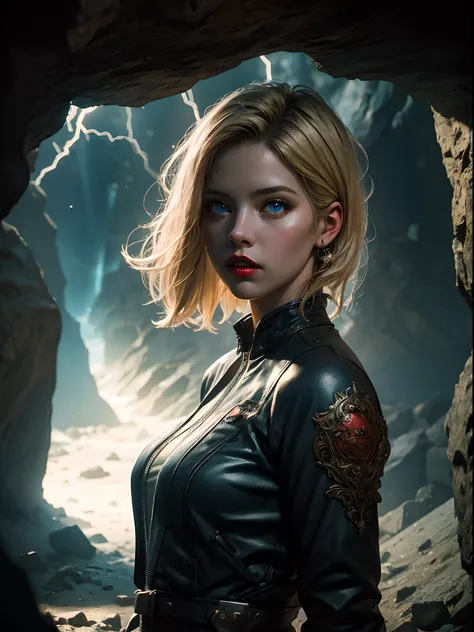 ((Best quality)), ((masterpiece)), ((realistic)), A blonde girl with intense blue eyes and thick, red lipstick on her full lips, exploring inside a cave with soft, artificial lighting. The artwork should be created in a dark and contrasting color scheme, e...