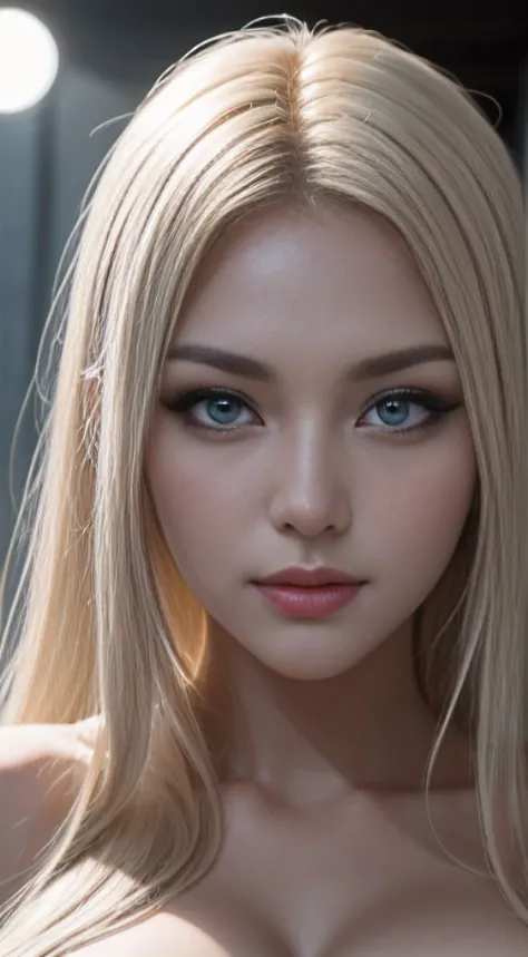 (front-facing close-up), (stunningly beautiful Korean-Russian goddess), ((oppai)), 28 years old, platinum blonde hair, (lean body), ultra-detailed face, intense wicked stare, naughty facial expression, (smirk), reflector light, 4K, HDR, masterpiece