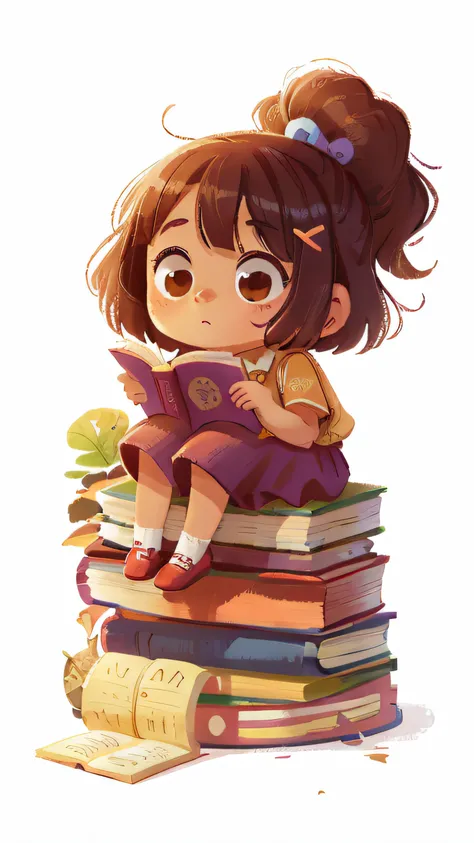 4 year old girl, sitting on a stack of books, white background