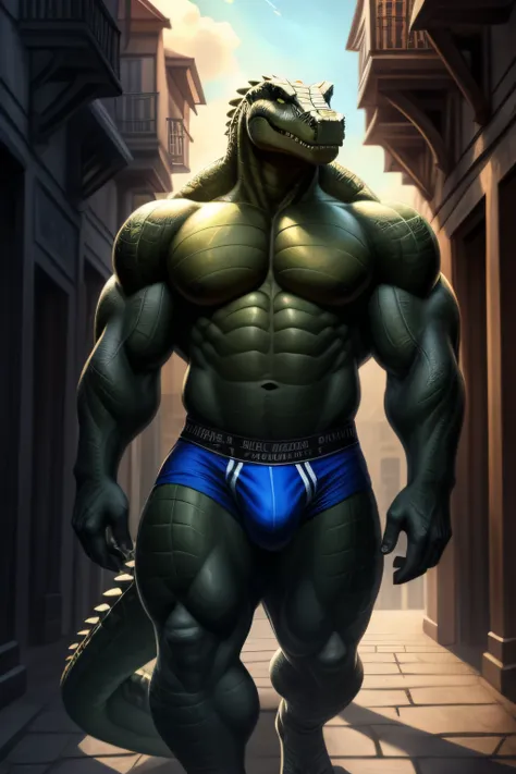 seulement, male, alligator, dents pointues, Crocs, thick face, scales, Visage large, broad shoulders, musculaire, Massif, Huge, gros biceps, gros pectoraux, Corps vert, peau verte, yeux jaunes, Detailed crotch, renflement massif, underwear, Regarder le spe...