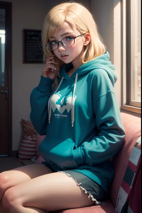 /imagine prompt: a girl is sitting on a sofa, a girl with glasses, a blonde girl, a girl age 25, a girl is wearing a hoodie, a girl is talking to a psychotherapist, an office with furniture, super realism:: hyperrealism::1 backlight::1 babyblueсolor::1 cya...