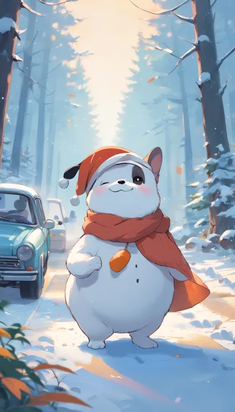 snowman，Adorable creatures，Similar to the combination of a French bulldog and a car, adolable, Fisher, hairy, doormat, the woods, mushrooms, Wearing a mushroom cap