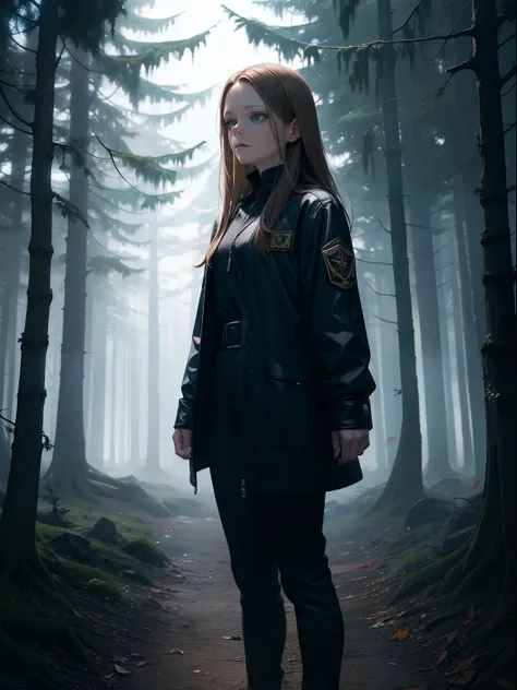 Clarice Starling from the movie "The Silence of the Lambs", Jodie Foster, FBI agent, In a dark mystical forest