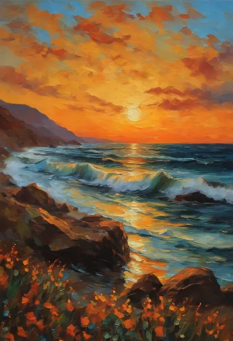 Malklossko、Painterly、Sunset over the sea、an oil painting、Evening、von gogh