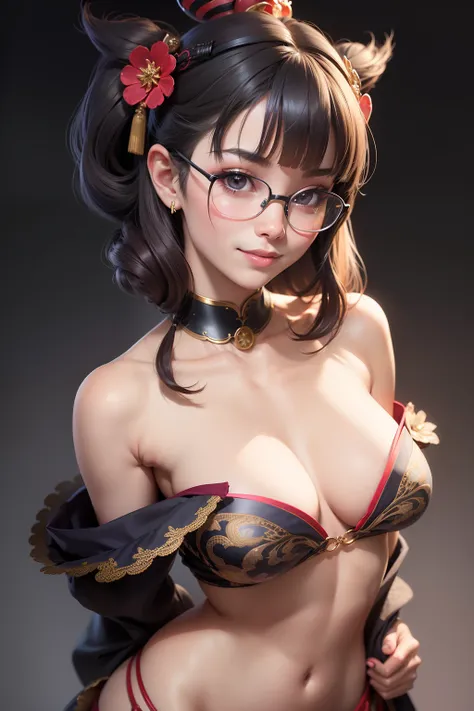 1 cute girl (18yo) glasses, upper body, slim waist, natural small breast, sexy pose, seductive expression, bangs, random hairstyle, cleavage, navel, collar, collarbone, off shoulder, seductive smile, wear intricately detail hot and sexy outfit, geisha cost...