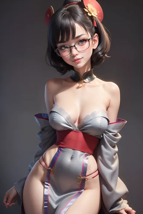 1 cute girl (18yo) glasses, upper body, slim waist, natural small breast, sexy pose, seductive expression, bangs, random hairstyle, cleavage, navel, collar, collarbone, off shoulder, seductive smile, wear intricately detail hot and sexy outfit, geisha cost...