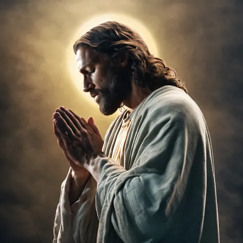 "Generate an image of Jesus in profile, captured in a moment of deep prayer, with hands gently clasped together."