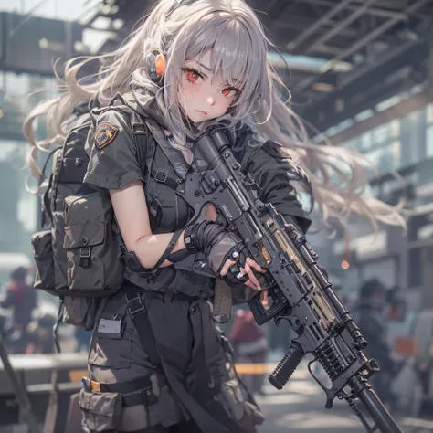 anime girl with gun and backpack in the city, m4 sopmod ii girls frontline, girls frontline style, mechanized soldier girl, infa...