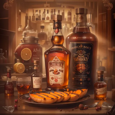 poster for，Mechanical liquor beauty，A bottle of whiskey and a plate of baked sweet potatoes，Creative advertising，Big poster，(English text)，Cover of a，Eye-catching title，8K, High quality, Masterpiece, Best quality, k hd, Extremely detailed, voluminetric lig...