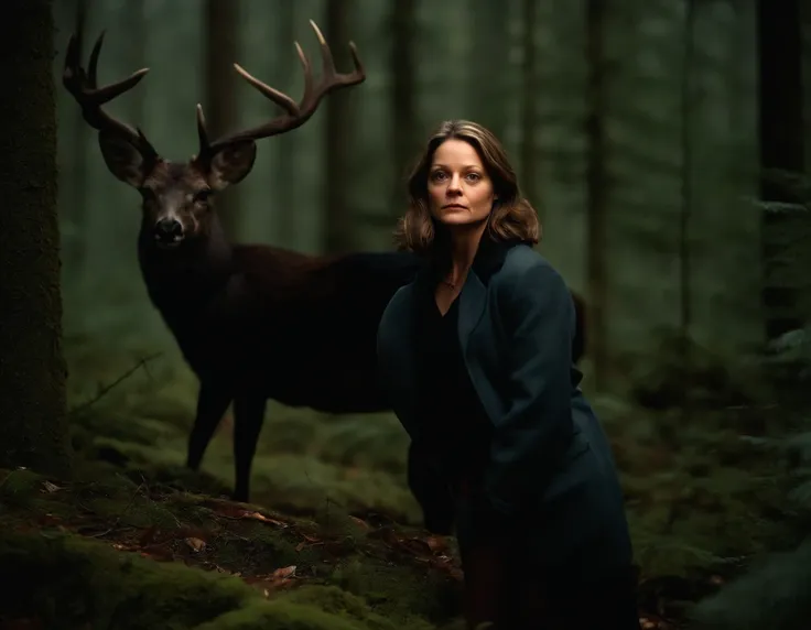 Clarice Starling from the movie "The Silence of the Lambs", Jodie Foster, FBI agent, In a dark mystical forest, Behind her is a large black deer with thick antlers and red eyes